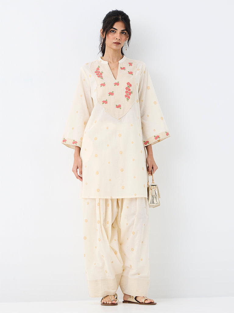 Utsa Off-White Floral Embroidered Cotton A-Line Kurta