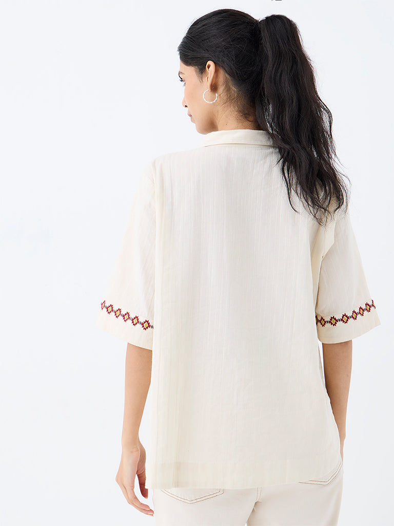 Utsa Off-White Geometric Embroidered Cotton Tunic