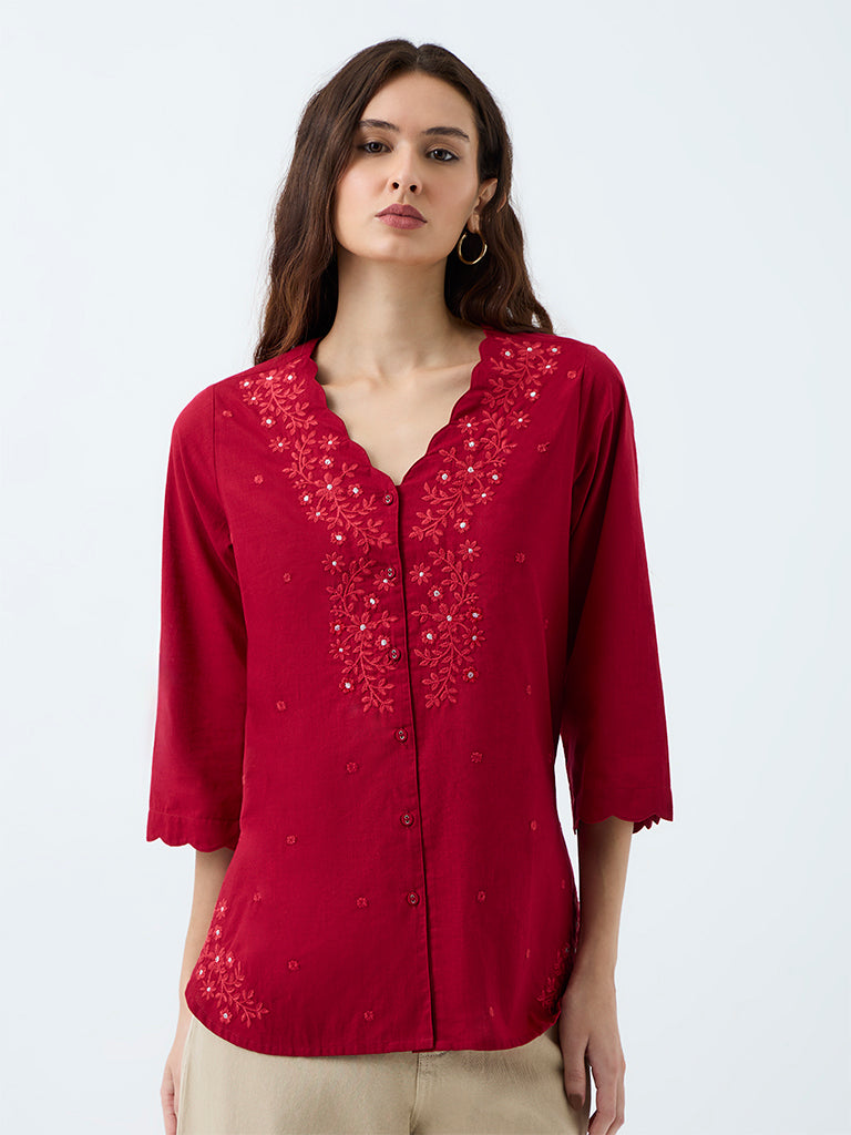 Utsa Red Floral Embroidered Cotton Tunic