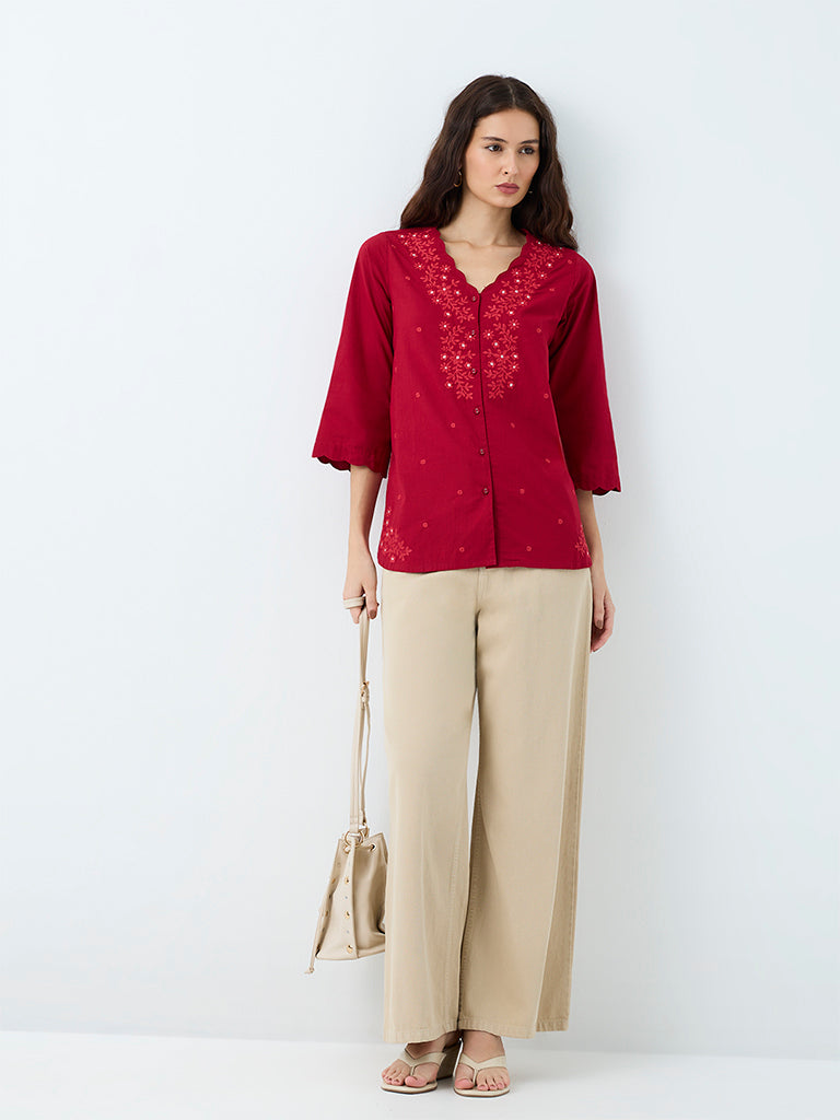 Utsa Red Floral Embroidered Cotton Tunic