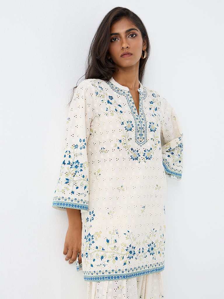 Utsa Off-White Floral Printed Cotton Kurti