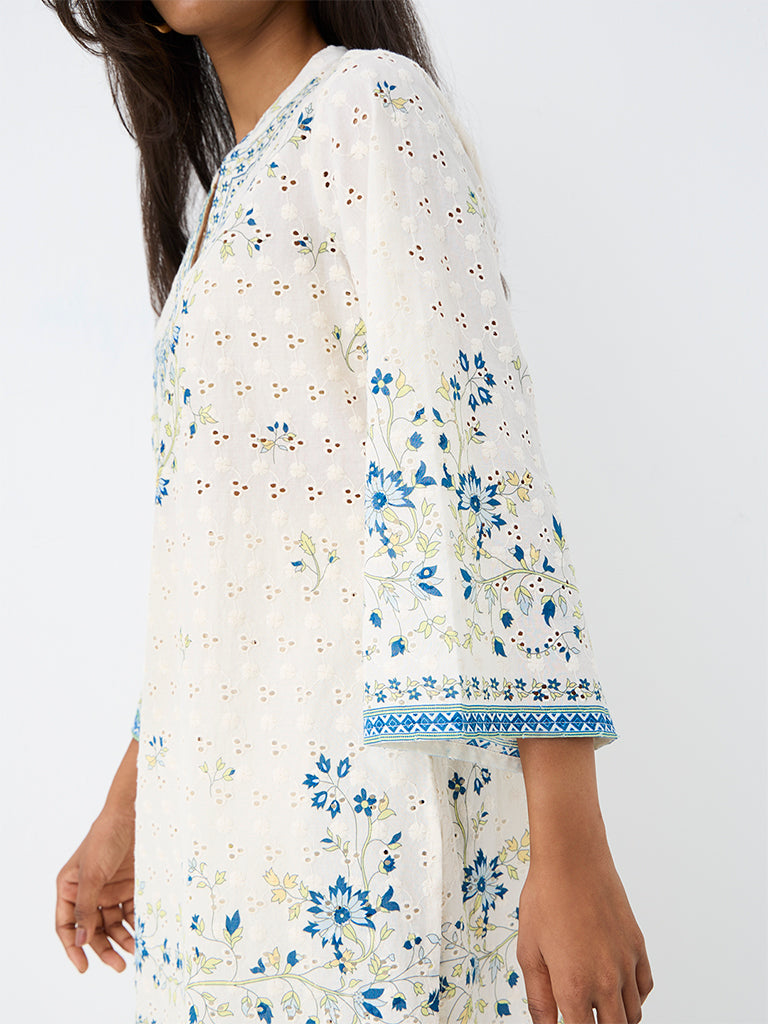 Utsa Off-White Floral Printed Cotton Kurti