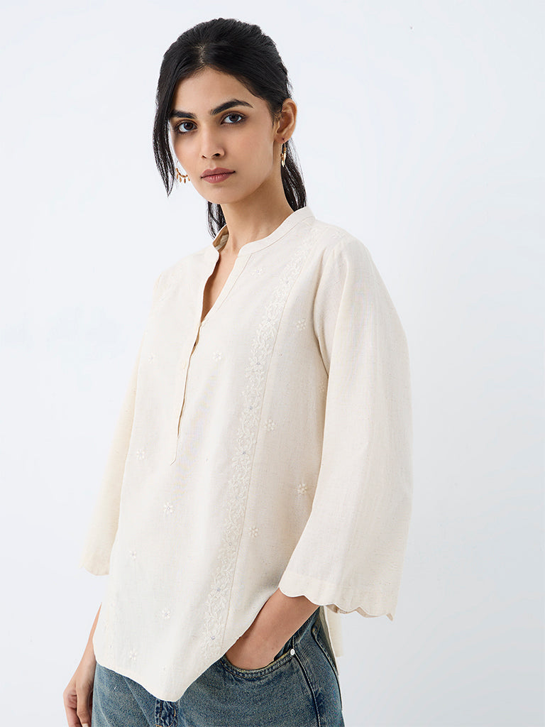 Utsa Off-White Floral Embroidered Cotton-Blend Tunic