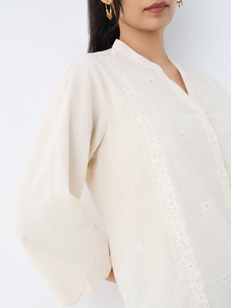 Utsa Off-White Floral Embroidered Cotton-Blend Tunic
