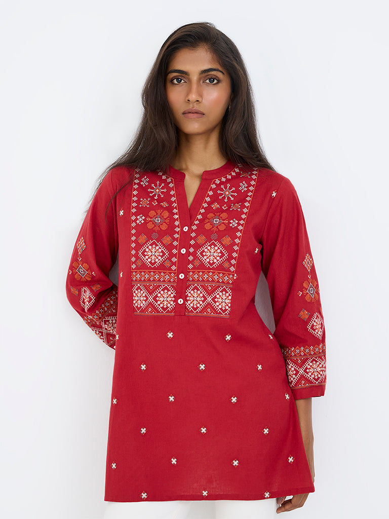 Utsa Red Embroidered Cotton-Blend Tunic