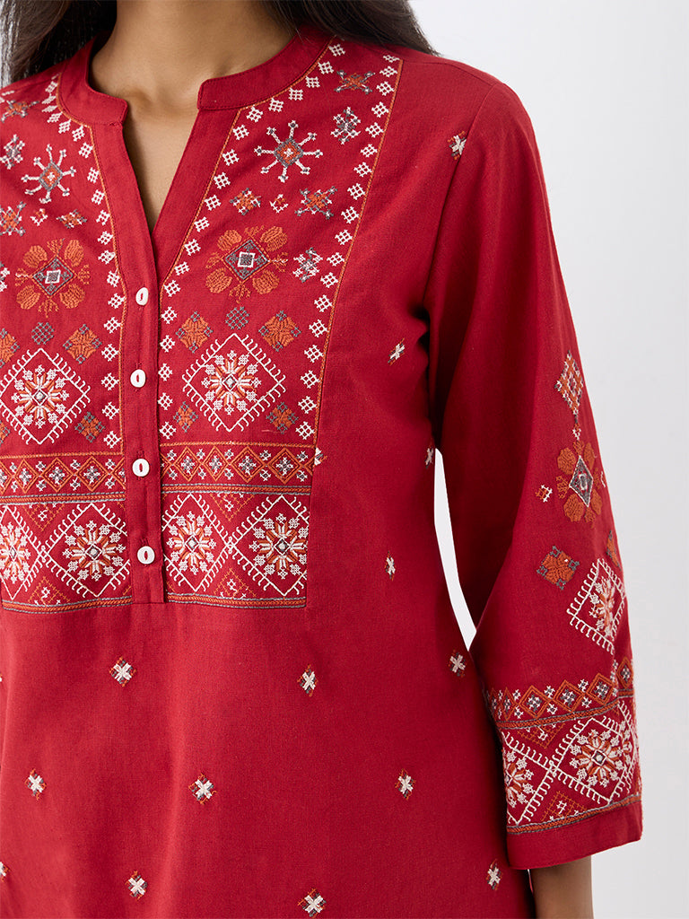 Utsa Red Embroidered Cotton-Blend Tunic