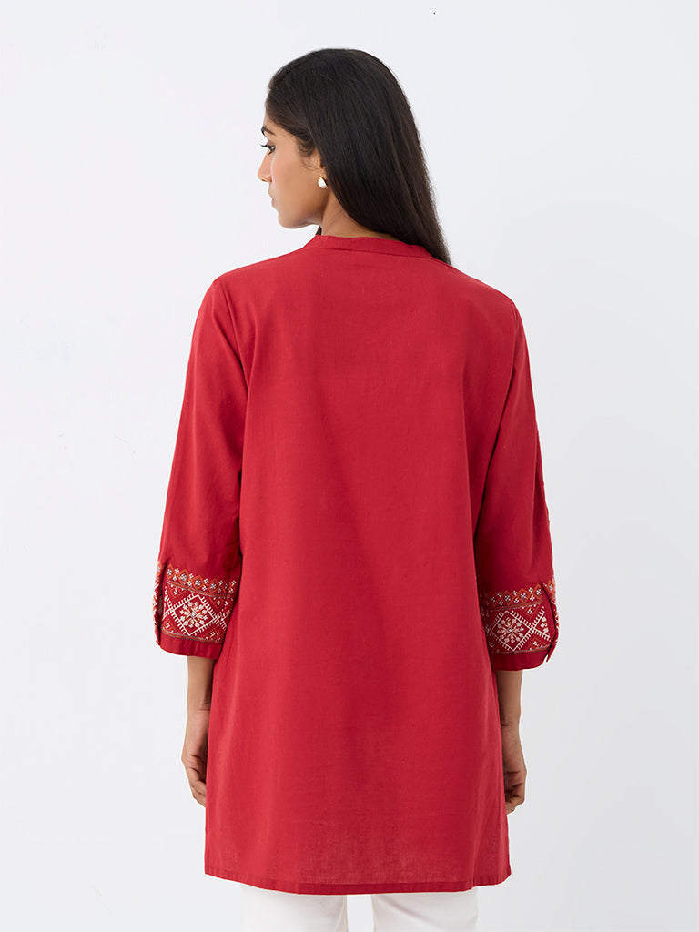 Utsa Red Embroidered Cotton-Blend Tunic