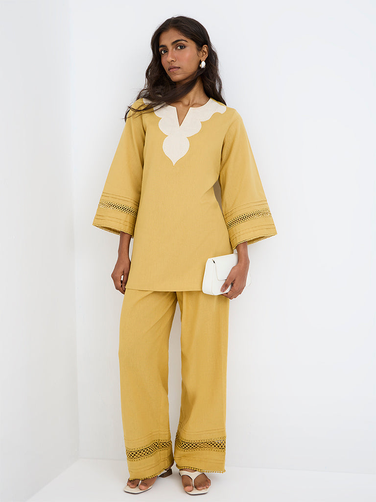Utsa Yellow Contrast-Detailed Cotton-Blend Kurti