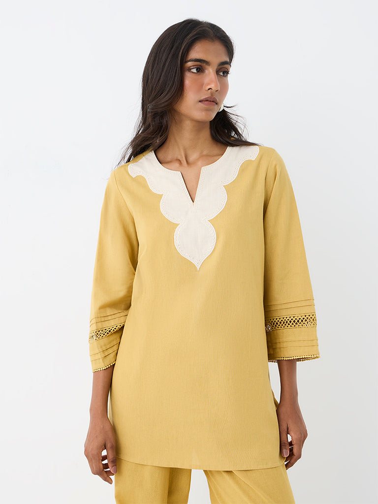 Utsa Yellow Contrast-Detailed Cotton-Blend Kurti