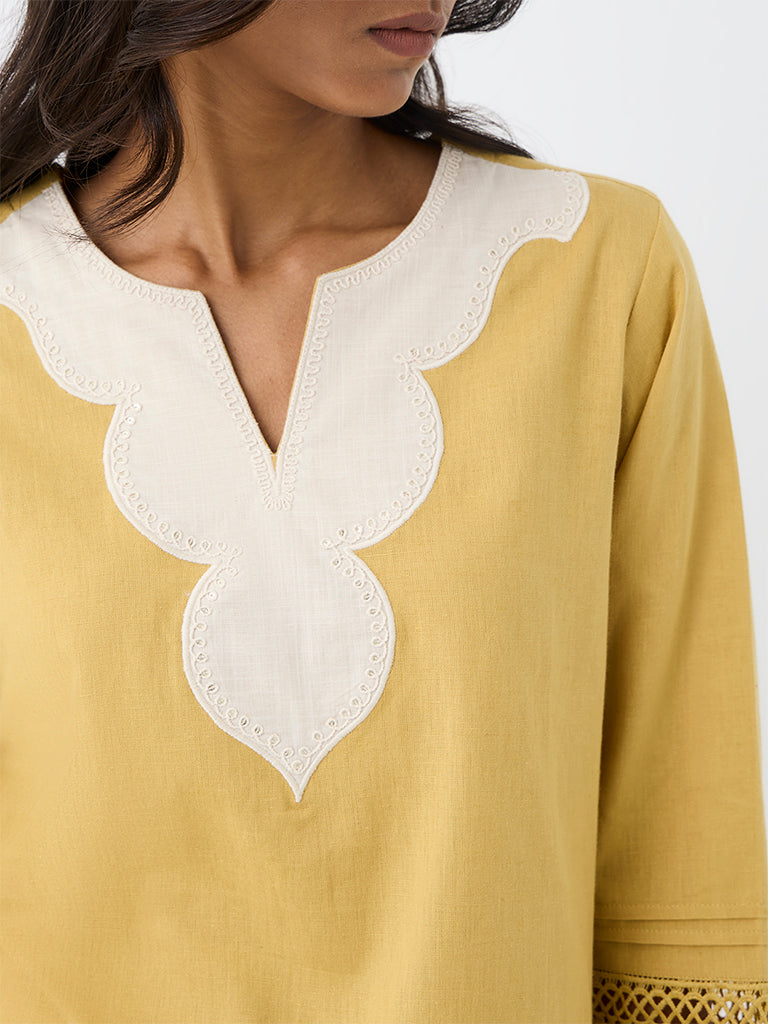 Utsa Yellow Contrast-Detailed Cotton-Blend Kurti