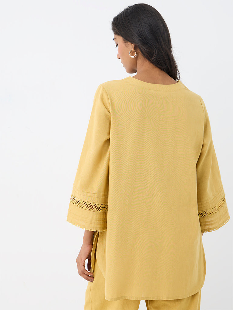 Utsa Yellow Contrast-Detailed Cotton-Blend Kurti