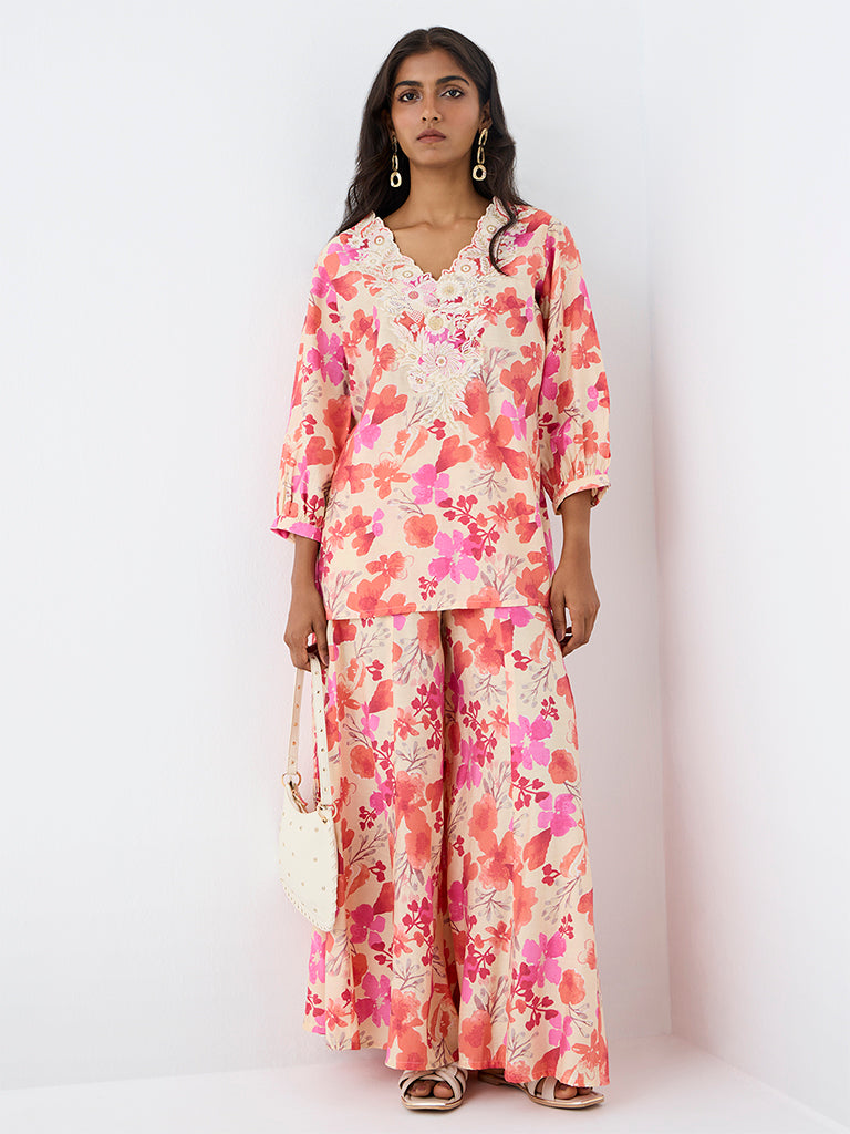 Utsa Off-White Floral Pattern Tunic