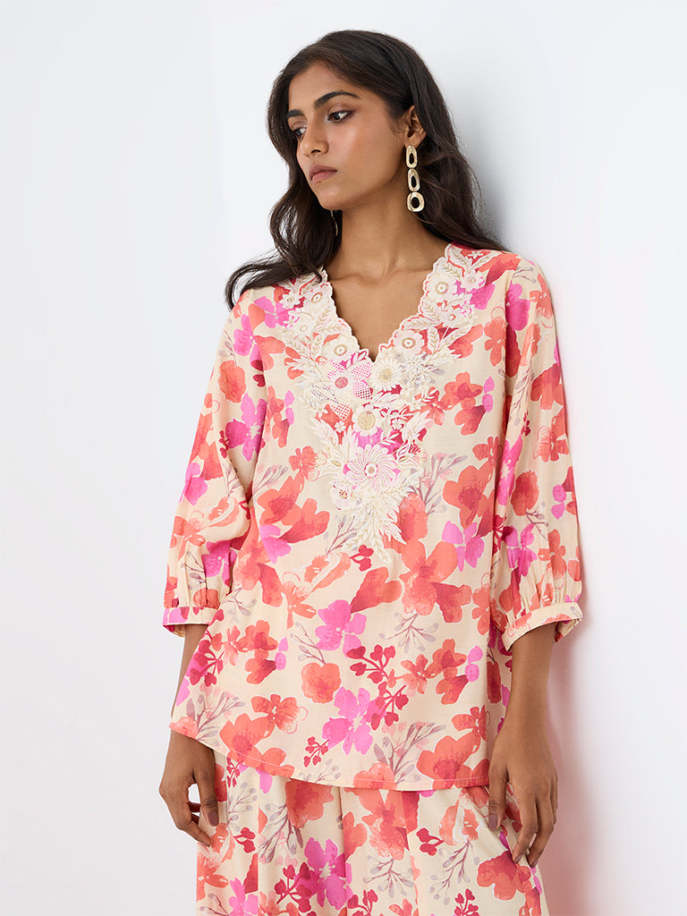 Utsa Off-White Floral Pattern Tunic