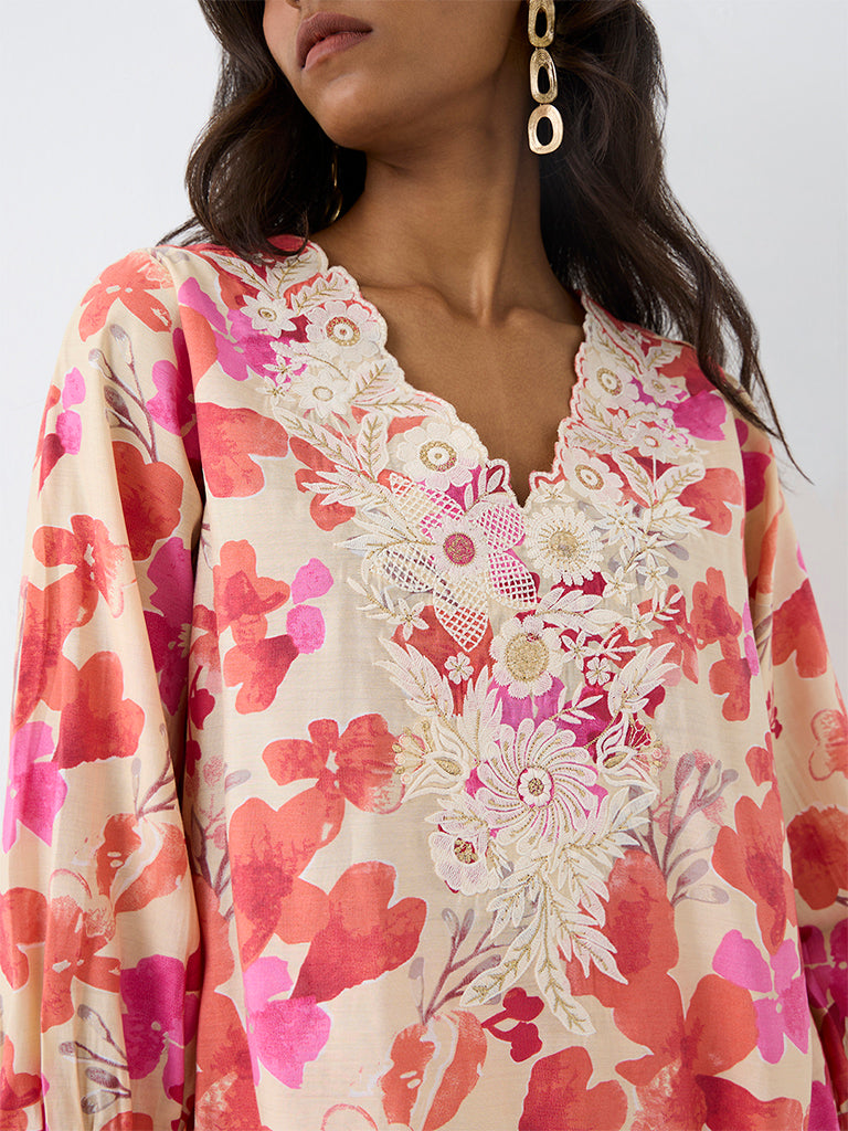Utsa Off-White Floral Pattern Tunic