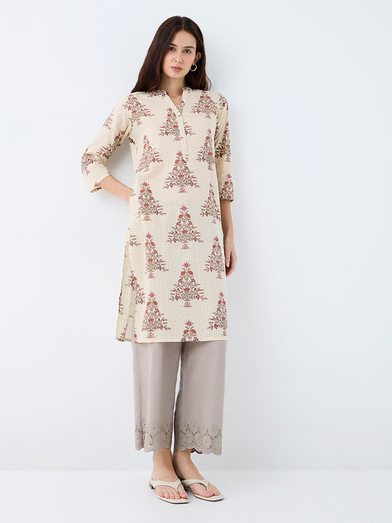 Utsa Off-White Floral Printed Cotton Straight Kurta