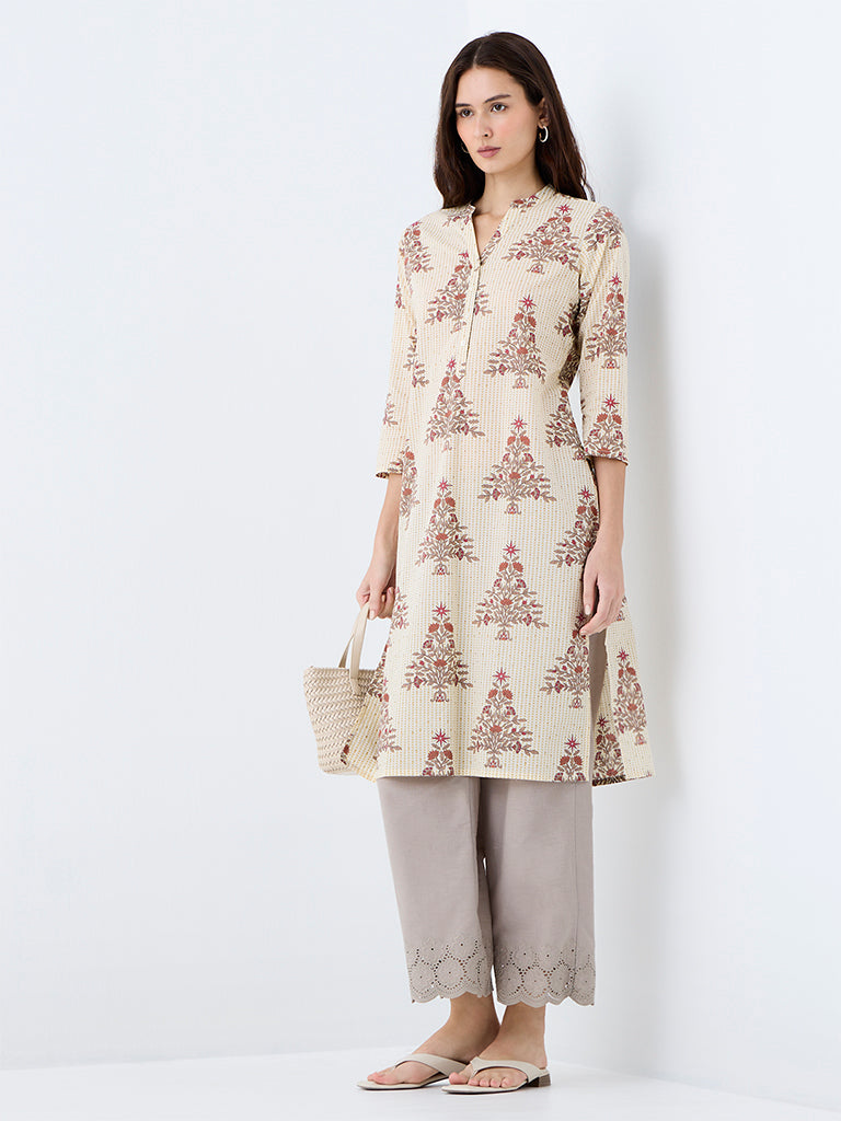 Utsa Off-White Floral Printed Cotton Straight Kurta