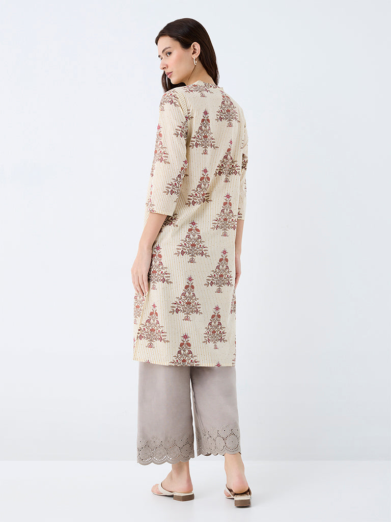 Utsa Off-White Floral Printed Cotton Straight Kurta
