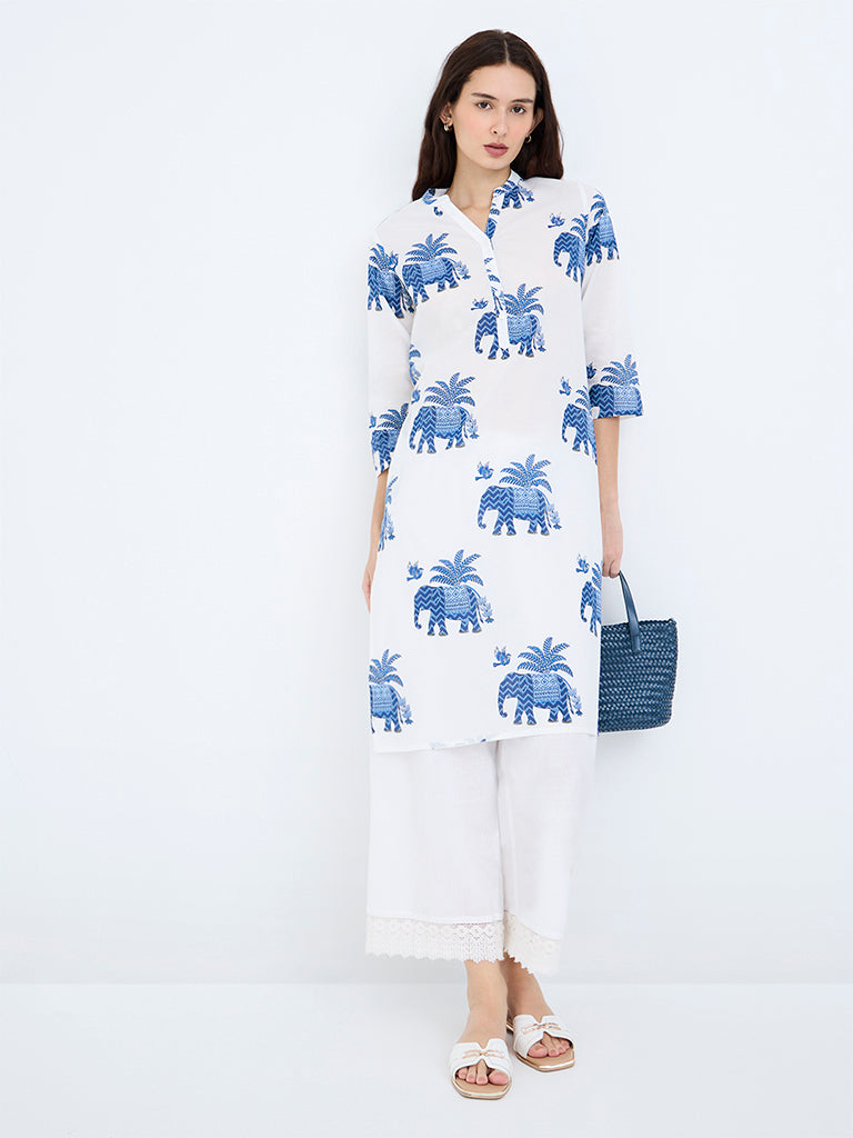 Utsa White Elephant Printed Cotton Straight Kurta