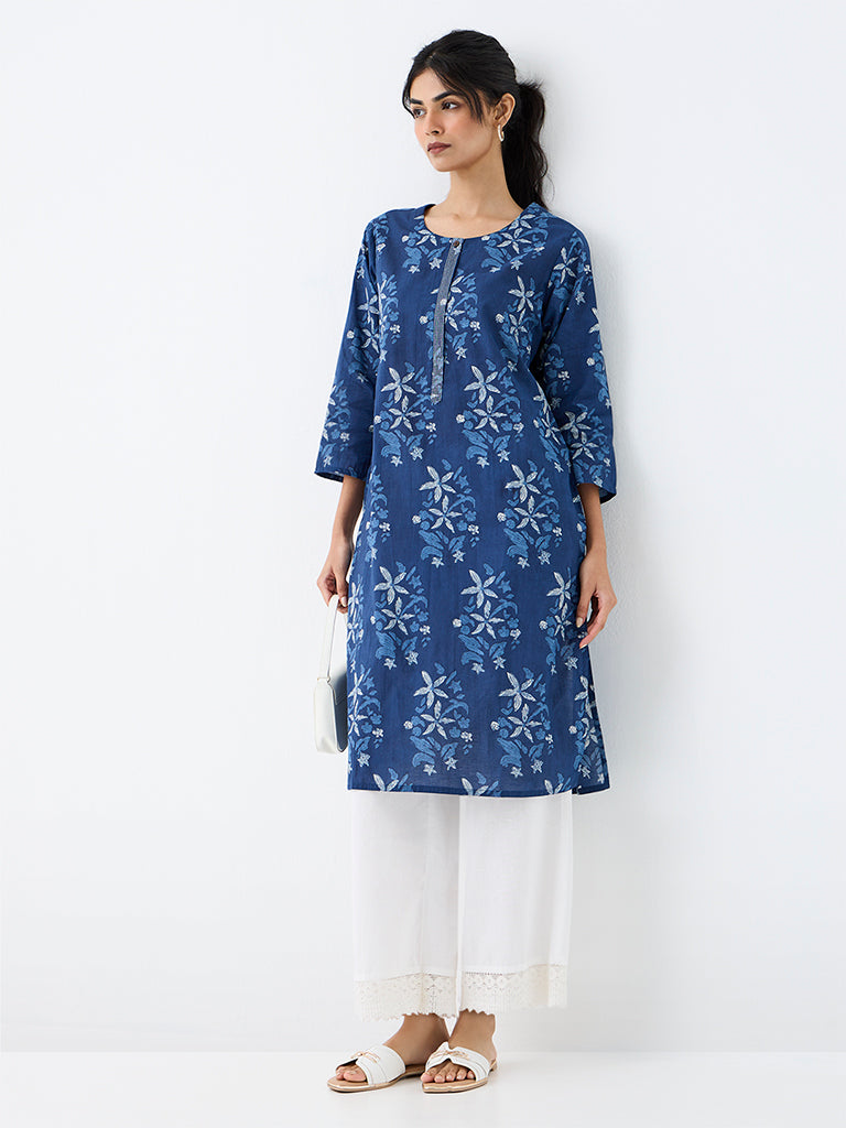 Utsa Indigo Floral Printed Cotton Straight Kurta