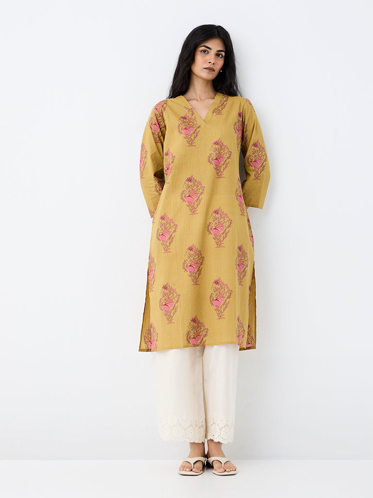Utsa Mustard Anar Printed Cotton Straight Kurta