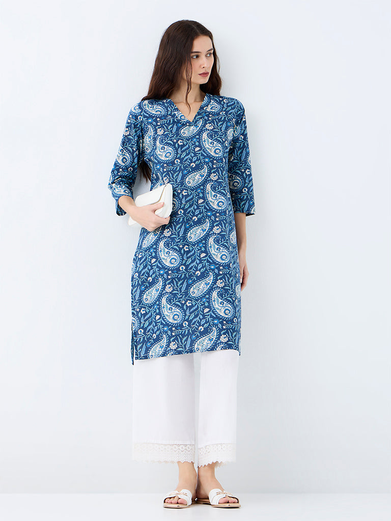 Utsa Indigo Paisley Printed Cotton A-Line Kurta