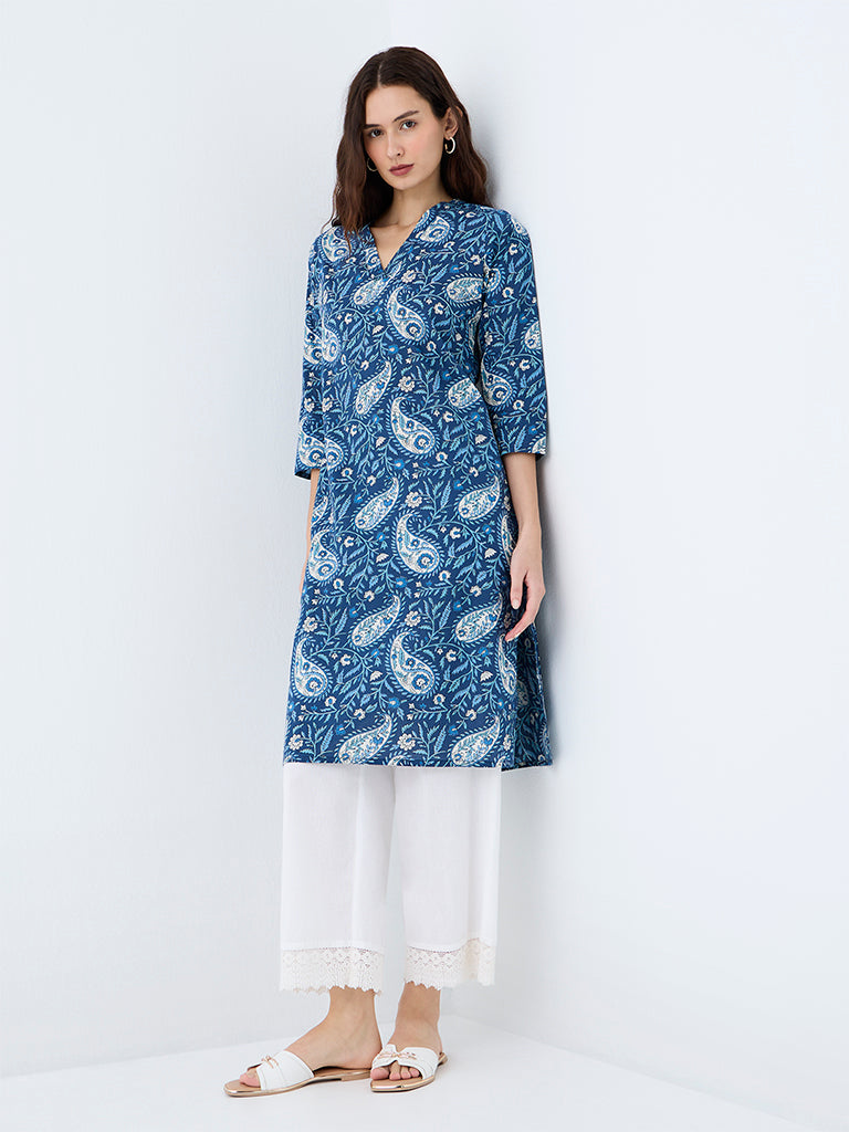 Utsa Indigo Paisley Printed Cotton A-Line Kurta