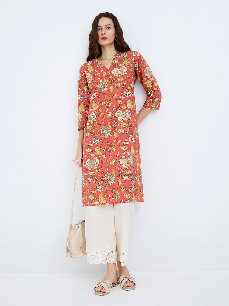 Utsa Orange Floral Printed Cotton Straight-Fit Kurta