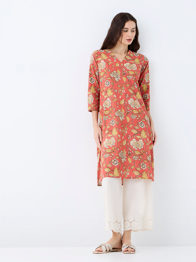 Utsa Orange Floral Printed Cotton Straight-Fit Kurta