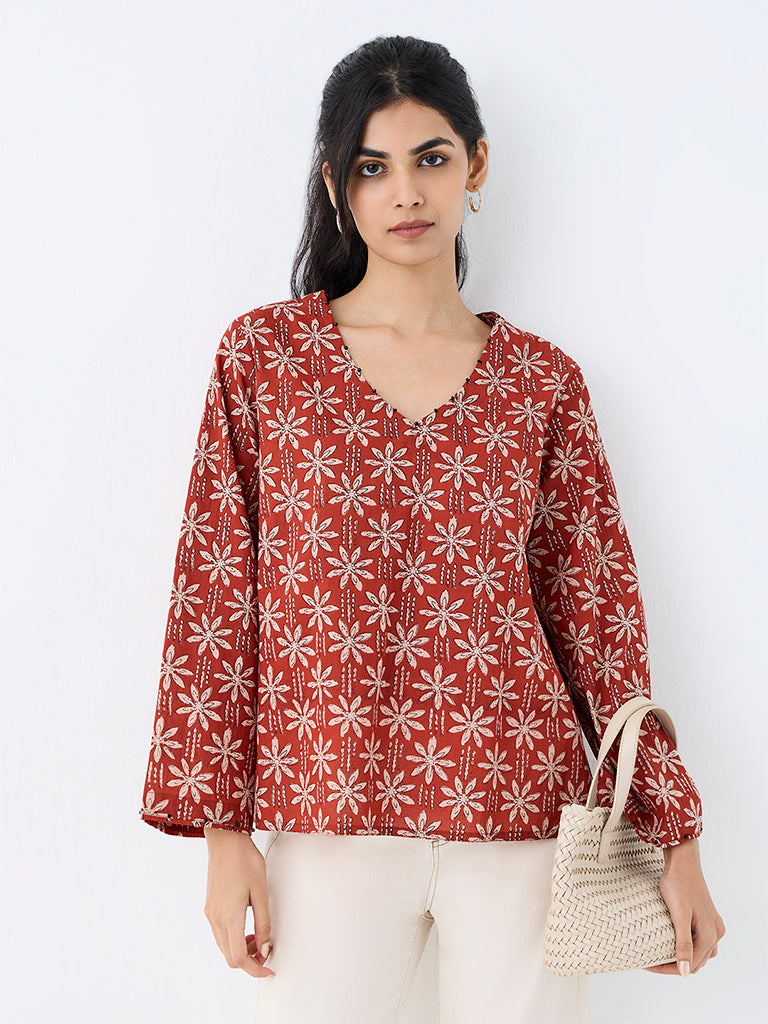 Utsa Red Floral Printed Cotton Tunic