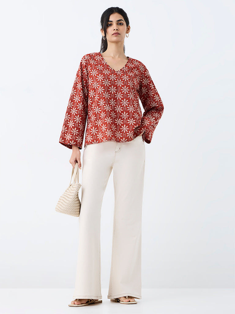 Utsa Red Floral Printed Cotton Tunic