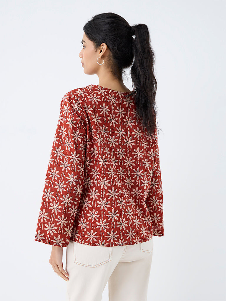 Utsa Red Floral Printed Cotton Tunic