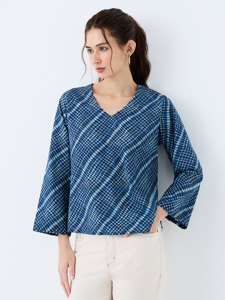 Utsa Indigo Checkered Printed Cotton Tunic