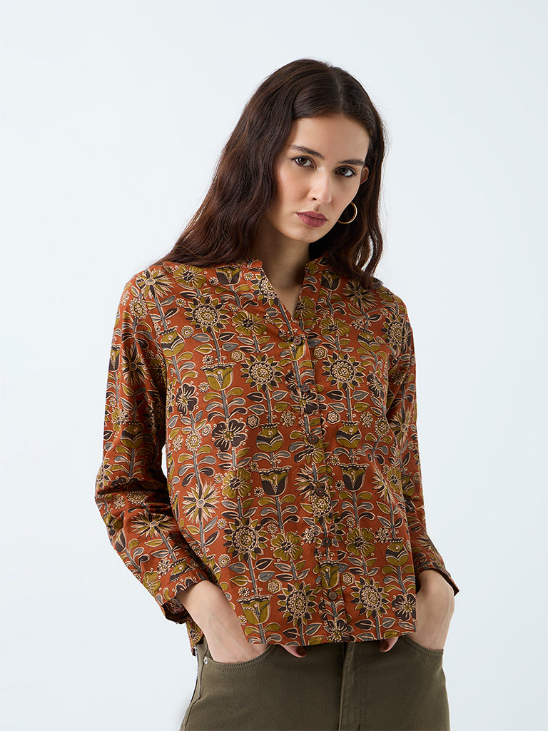 Utsa Orange Floral Printed Cotton Tunic