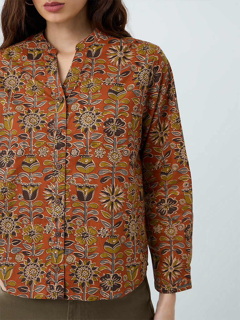 Utsa Orange Floral Printed Cotton Tunic