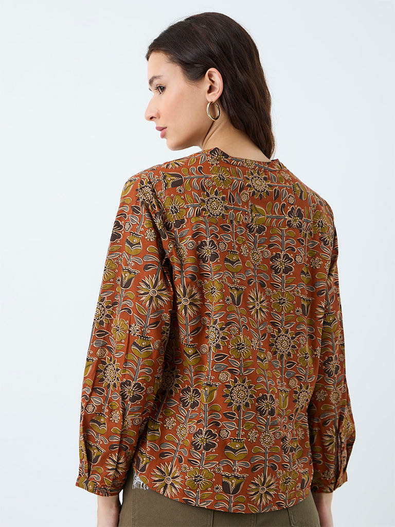 Utsa Orange Floral Printed Cotton Tunic