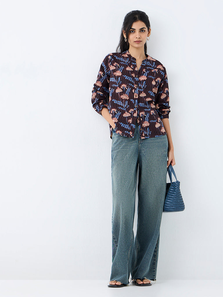 Utsa Dark Brown Floral Pattern Cotton Tunic