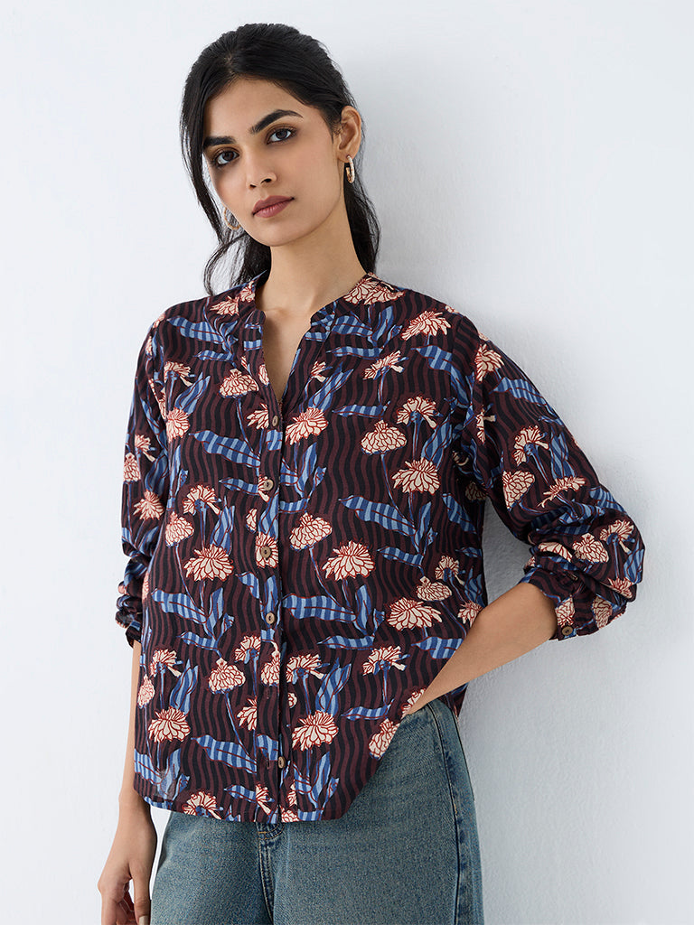 Utsa Dark Brown Floral Pattern Cotton Tunic