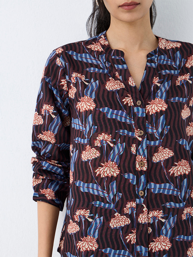 Utsa Dark Brown Floral Pattern Cotton Tunic