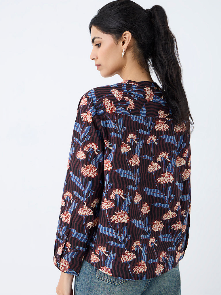 Utsa Dark Brown Floral Pattern Cotton Tunic