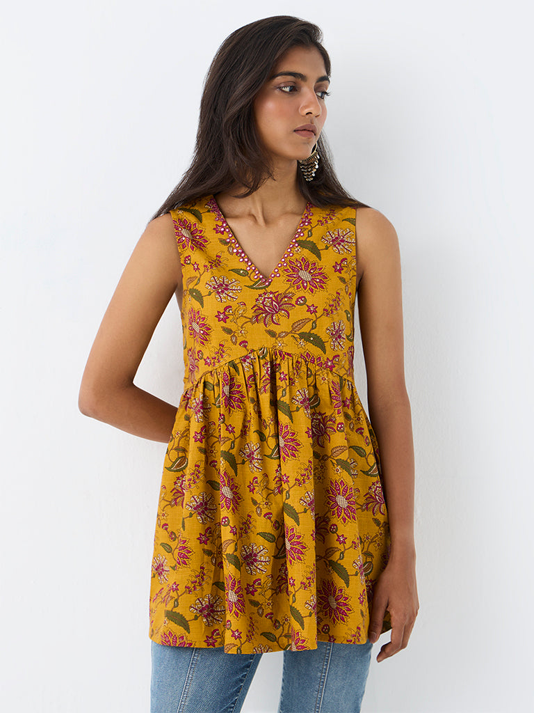 Utsa Yellow Floral Printed Cotton Peplum Tunic