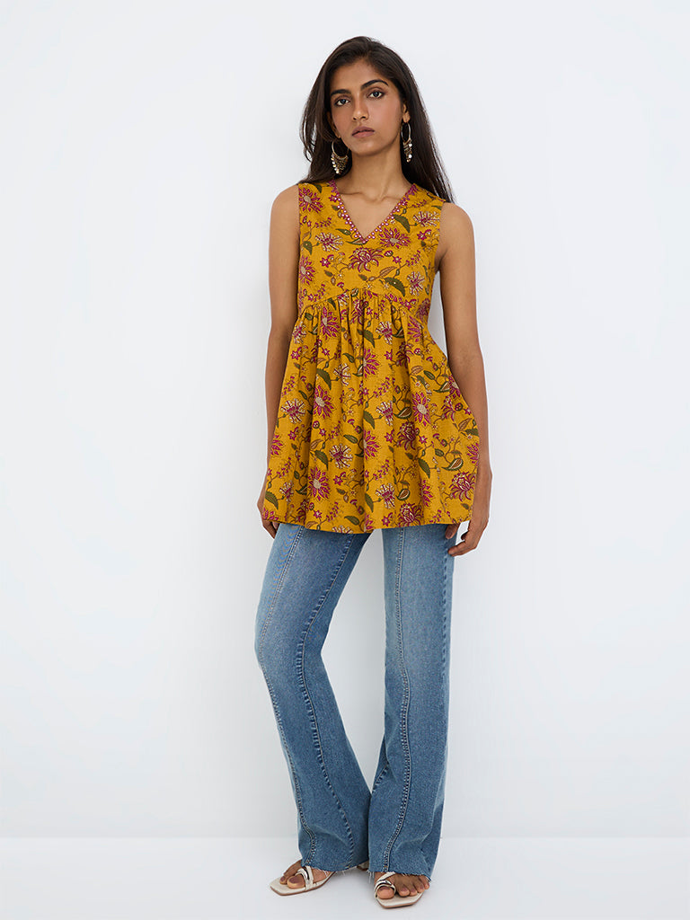 Utsa Yellow Floral Printed Cotton Peplum Tunic