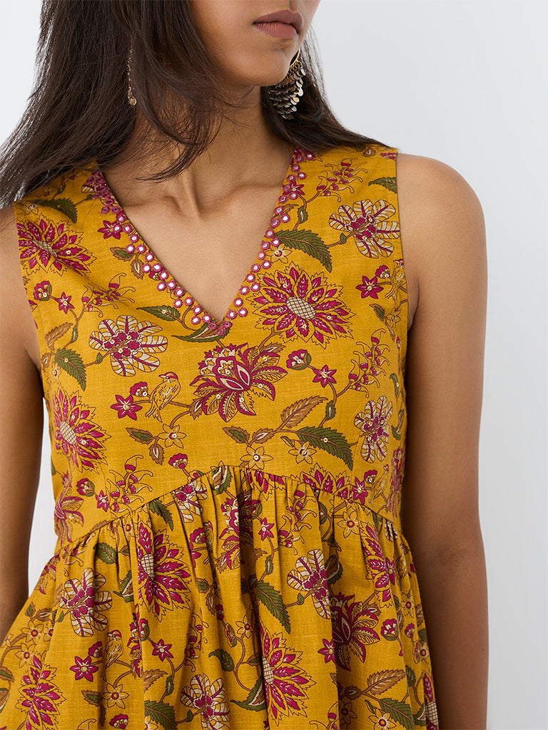 Utsa Yellow Floral Printed Cotton Peplum Tunic