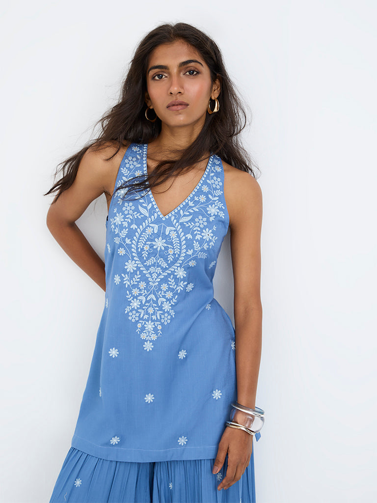 Utsa Blue Floral Embroidered Halter-Neck Cotton Tunic