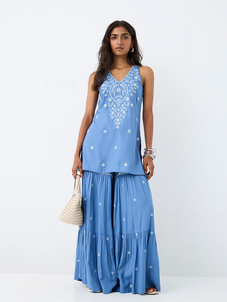 Utsa Blue Floral Embroidered Halter-Neck Cotton Tunic