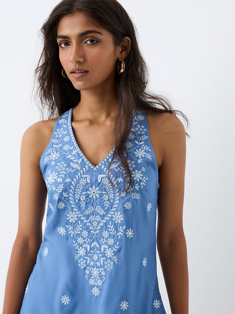 Utsa Blue Floral Embroidered Halter-Neck Cotton Tunic