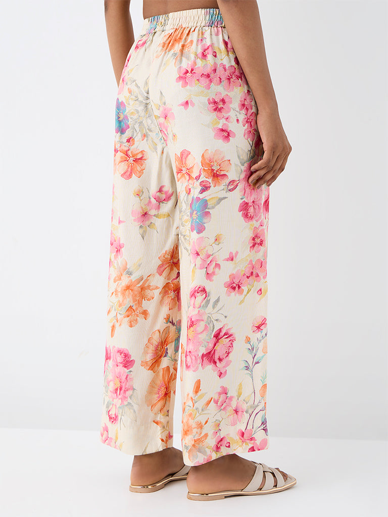 Utsa Off-White Floral Pattern Pants