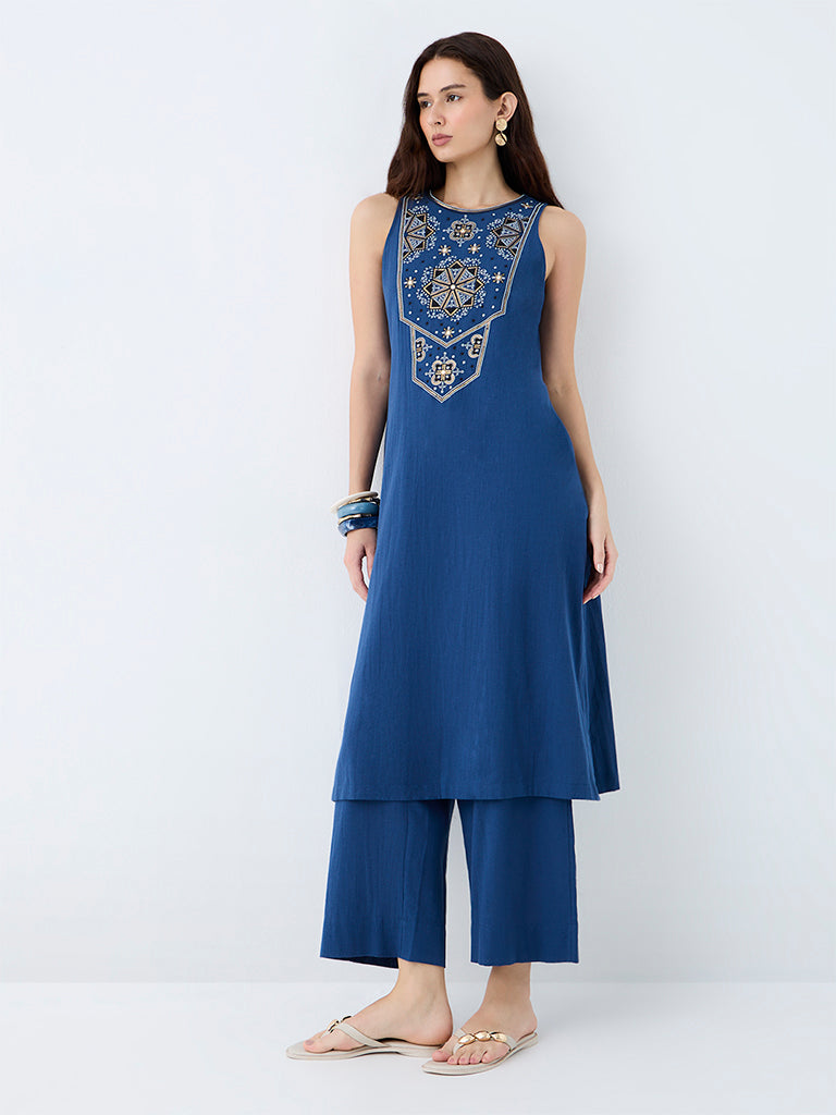 Utsa Indigo Solid Cotton-Blend Pants