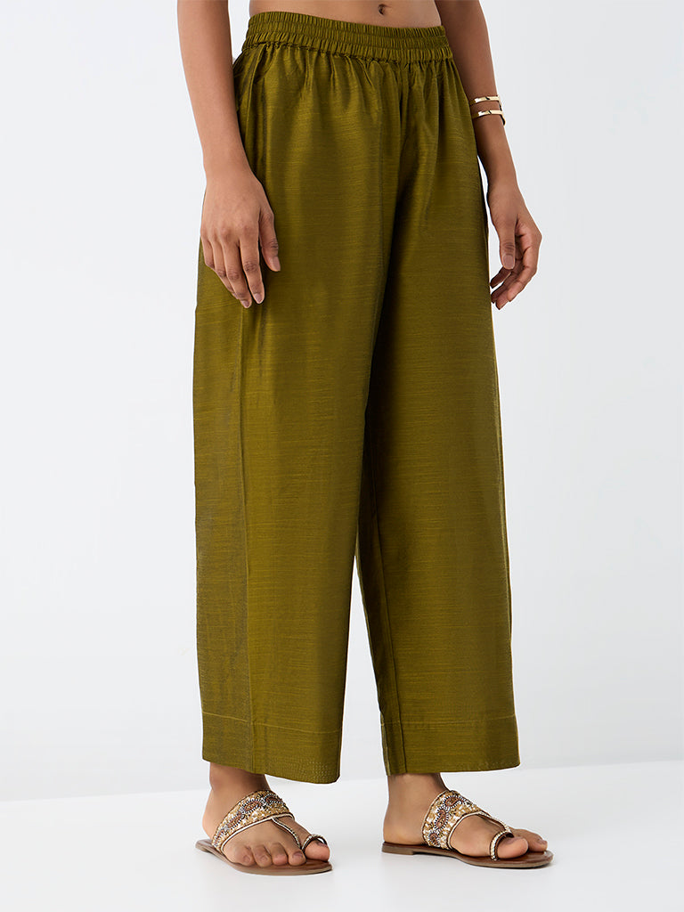 Utsa Dark Olive Solid Cotton Pants
