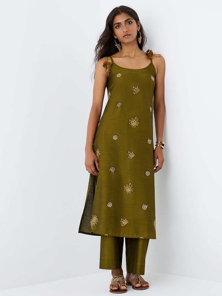 Utsa Dark Olive Solid Cotton Pants
