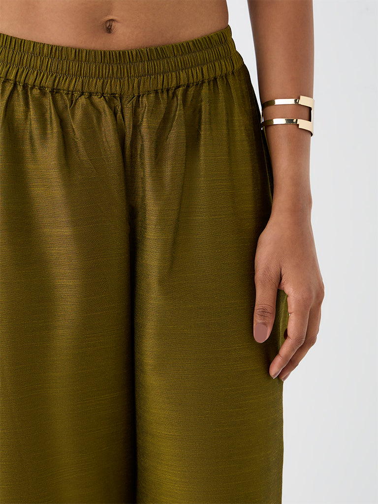 Utsa Dark Olive Solid Cotton Pants